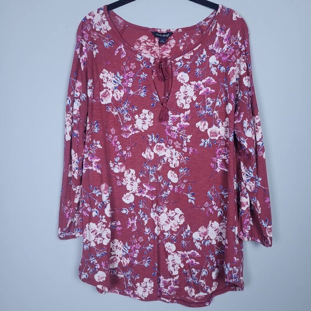 Lucky Brand Womens Floral Boho Top Sz Large Keyhole Long Sleeve Bloomcore Tassel